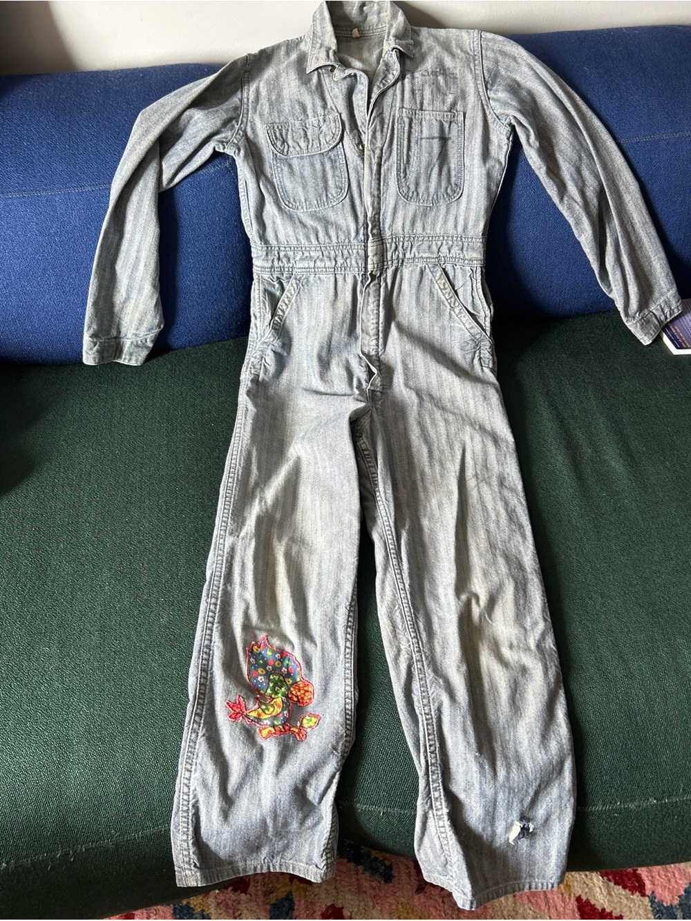 Vintage Light Wash Denim Coverall Jumpsuit with Colorful Patch